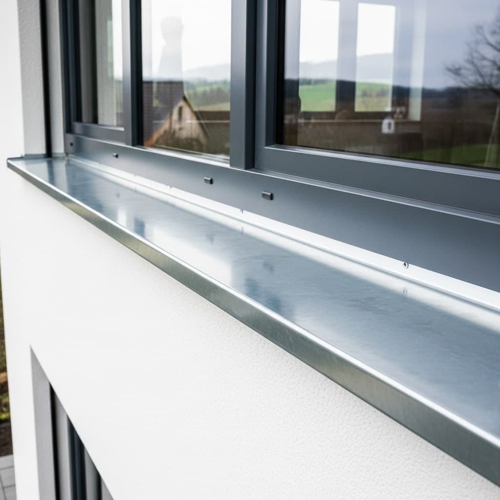 Metallfensterbank mit sauberer Tropfkante an einer Hausfassade