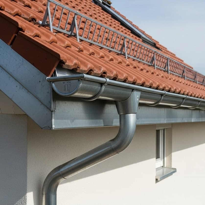 Fachgerecht montierte Regenrinne an einem Wohnhaus